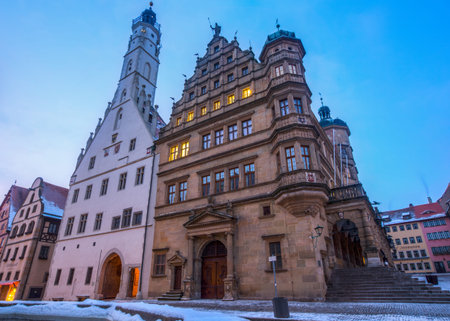 Rothenburg ob der Tauber Town Hall (Rahthaus) and market square.のeditorial素材