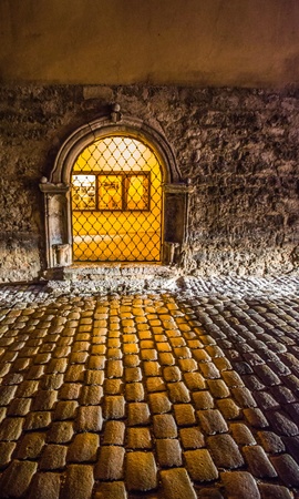 Cobblestone street and window, Rothenburg ob der Tauber, Bavaria, Germany の写真素材