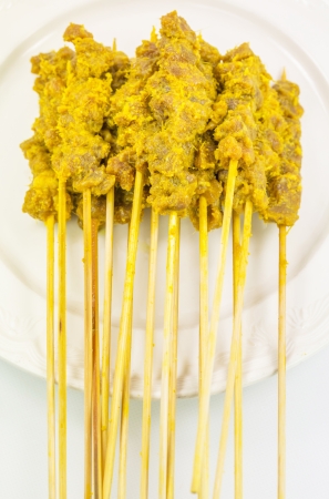Raw beef satay to be grilledの写真素材