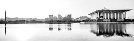 Modern building and a mosque in black and white in Putrajaya, Malaysiaのeditorial素材