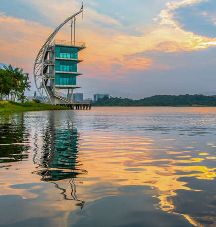 Modern building architecture and sunrise at Putrajaya Lake, Malaysiaのeditorial素材