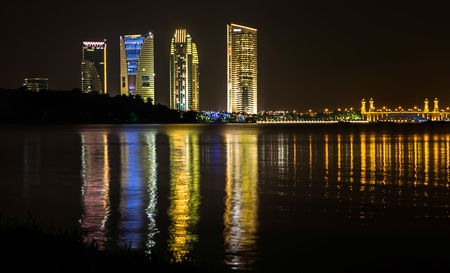 Modern buildings at night, Putrajaya, Malaysiaの写真素材