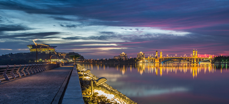 Modern building sunset by a dam at Putrajaya Lake, Malaysiaのeditorial素材