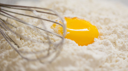 Flour, egg yolk and egg beater on a granite counter surface 