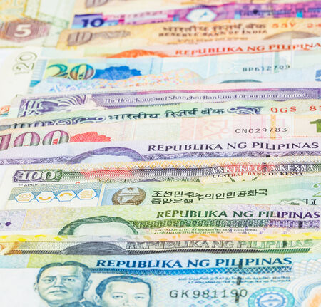 Mixed bank notes close up viewの写真素材