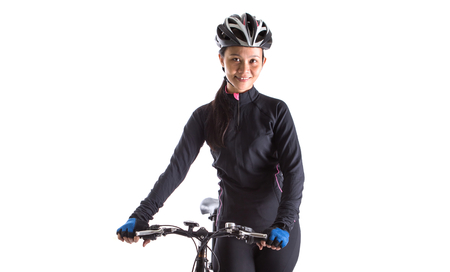 Asian Malay female with mountain bike over white backgroundの写真素材