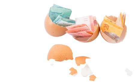 Concept image of Malaysia currency bank notes inside chicken egg over white 