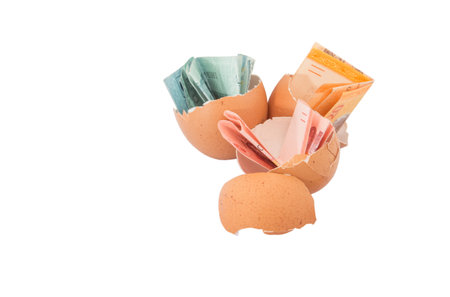 Concept image of Malaysia currency bank notes inside chicken egg over white 