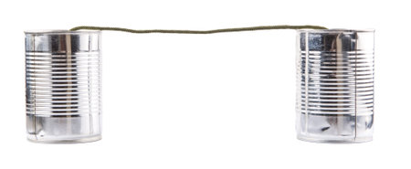 Tin can telephone over white backgroundの写真素材