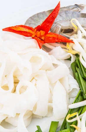 Fried char kway teow ingredients of raw rice strips, prawns and bean sprouts の写真素材