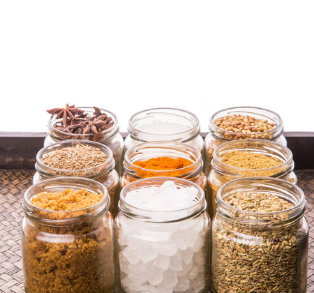 Sugar and spices in a wicker tray