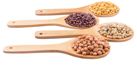 Peanut, dal lentils, black eye bean and adzuki bean on wooden spoonの写真素材