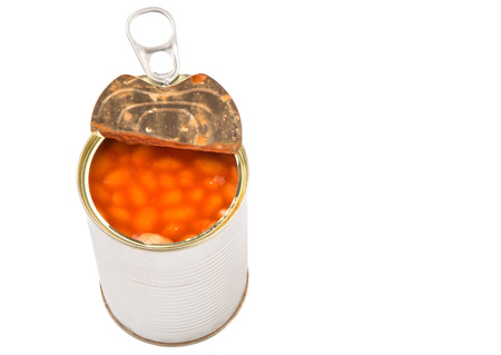 Baked bean in a tin can over white backgroundの写真素材