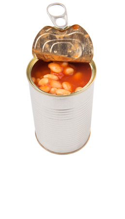 Baked bean in a tin can over white backgroundの写真素材