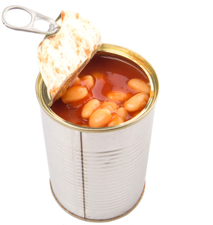 Baked bean in a tin can over white backgroundの写真素材
