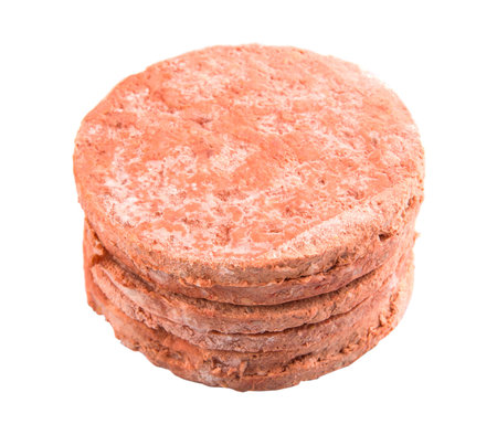 Frozen raw hamburger beef meat over white backgroundの写真素材