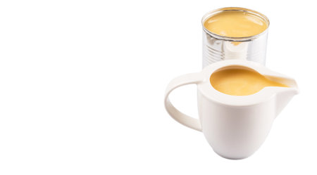 Condensed milk in tin can and milk pitcher over white backgroundの写真素材