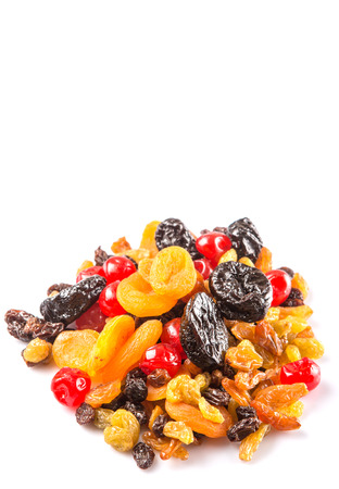 Mix variety of dried fruit over white backgroundの写真素材