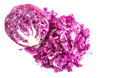 Chopped red cabbage over white backgroundの写真素材