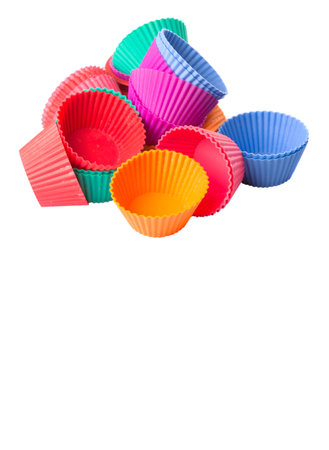 Various colors of silicone cupcake silicone baking cups over white backgroundの写真素材