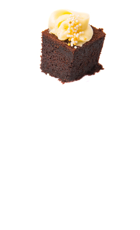 Bite sized chocolate cake with cream cheese toppings over white backgroundの写真素材