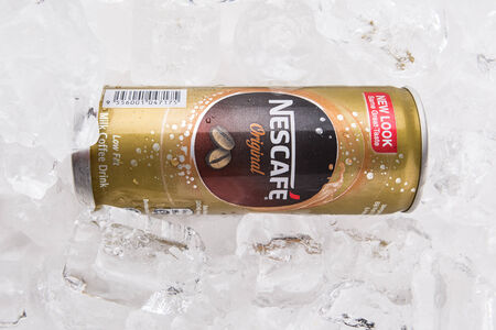 KUALA LUMPUR, MALAYSIA - FEBRUARY 13TH 2015. Nescafe can drink. Nescafe is a brand of instant coffee made by Nestle, a Swiss multinational food and beverage company, first introduced on April 1, 1938.のeditorial素材