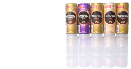 KUALA LUMPUR, MALAYSIA - FEBRUARY 13TH 2015. Nescafe can drink. Nescafe is a brand of instant coffee made by Nestle, a Swiss multinational food and beverage company, first introduced on April 1, 1938.のeditorial素材