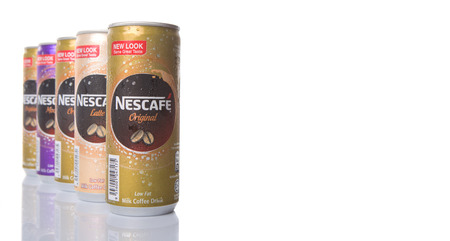 KUALA LUMPUR, MALAYSIA - FEBRUARY 13TH 2015. Nescafe can drink. Nescafe is a brand of instant coffee made by Nestle, a Swiss multinational food and beverage company, first introduced on April 1, 1938.のeditorial素材