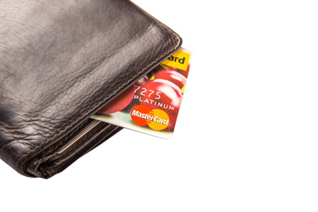 KUALA LUMPUR, MALAYSIA - FEBRUARY 19TH 2015. Mastercard credit card in wallet. Founded in 1966, MasterCard Incorporated is an American multinational financial services corporation.のeditorial素材