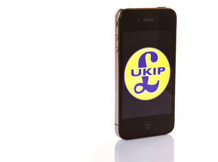 KUALA LUMPUR, MALAYSIA - MARCH 2ND 2015. UKIP logo on Iphone. Founded in 1993, The UK Independence Party, commonly known as UKIP is a right-wing political party in the United Kingdom.のeditorial素材