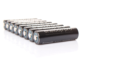 KUALA LUMPUR, MALAYSIA - MARCH 9TH 2015. Eneloop Pro rechargable AA battery. First developed and introduced by Sanyo in 2015, Eneloop was acquired by Panasonic in 2013.のeditorial素材