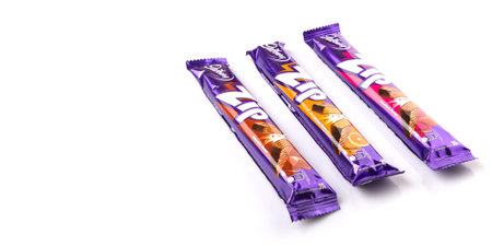 KUALA LUMPUR, MALAYSIA - MARCH 19TH 2015. Cadbury Zip chocolate wafer bar. Owned by Mondelez International, Cadbury is the second largest confectionery brand in the world.のeditorial素材