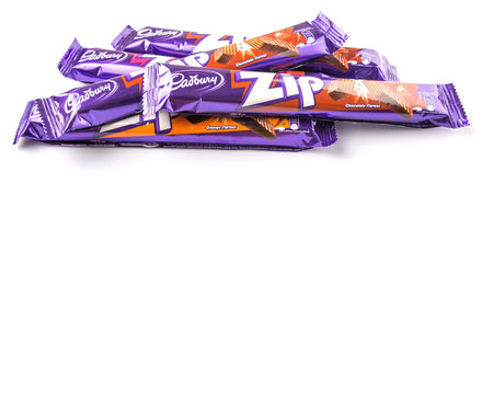 KUALA LUMPUR, MALAYSIA - MARCH 19TH 2015. Cadbury Zip chocolate wafer bar. Owned by Mondelez International, Cadbury is the second largest confectionery brand in the world.のeditorial素材