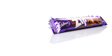 KUALA LUMPUR, MALAYSIA - MARCH 19TH 2015. Cadbury Zip chocolate wafer bar. Owned by Mondelez International, Cadbury is the second largest confectionery brand in the world.のeditorial素材