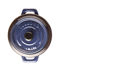 Mini blue empty cocotte single pot over white backgroundの写真素材