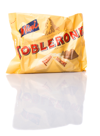 KUALA LUMPUR, MALAYSIA - APRIL 22ND, 2015. Created by Theodor Tobler in 1908,  Toblerone is a Swiss triangular chocolate bar brand owned by American Mondelez International.のeditorial素材