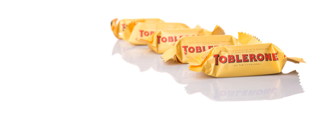 KUALA LUMPUR, MALAYSIA - APRIL 22ND, 2015. Created by Theodor Tobler in 1908,  Toblerone is a Swiss triangular chocolate bar brand owned by American Mondelez International.のeditorial素材