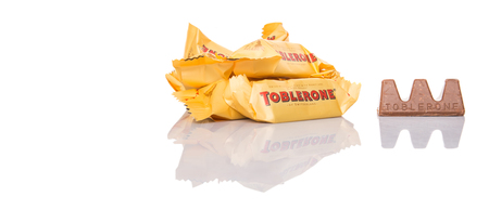 KUALA LUMPUR, MALAYSIA - APRIL 22ND, 2015. Created by Theodor Tobler in 1908,  Toblerone is a Swiss triangular chocolate bar brand owned by American Mondelez International.のeditorial素材