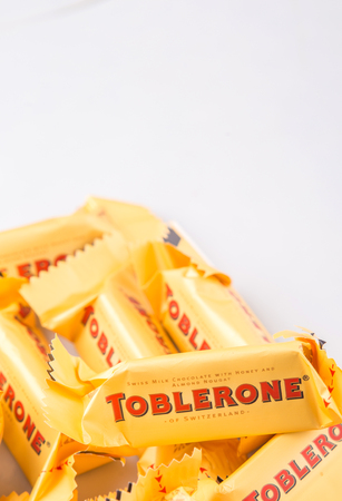 KUALA LUMPUR, MALAYSIA - APRIL 22ND, 2015. Created by Theodor Tobler in 1908,  Toblerone is a Swiss triangular chocolate bar brand owned by American Mondelez International.のeditorial素材