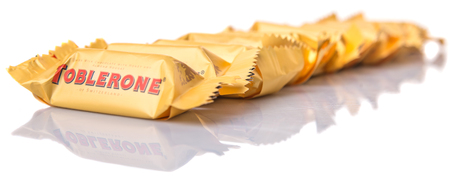 KUALA LUMPUR, MALAYSIA - APRIL 22ND, 2015. Created by Theodor Tobler in 1908,  Toblerone is a Swiss triangular chocolate bar brand owned by American Mondelez International.のeditorial素材