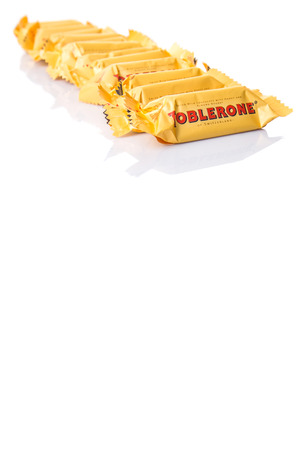 KUALA LUMPUR, MALAYSIA - APRIL 22ND, 2015. Created by Theodor Tobler in 1908,  Toblerone is a Swiss triangular chocolate bar brand owned by American Mondelez International.のeditorial素材