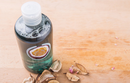 PUTRAJAYA MALAYSIA  MAY 28TH 2015. Body Shop Passion Fruit shower gel. The Body Shop with 1200 products including cosmetics and makeup are sold in 2500 franchised stores in 61 countries.のeditorial素材