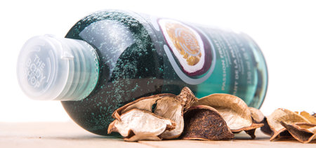 PUTRAJAYA MALAYSIA  MAY 28TH 2015. Body Shop Passion Fruit shower gel. The Body Shop with 1200 products including cosmetics and makeup are sold in 2500 franchised stores in 61 countries.のeditorial素材