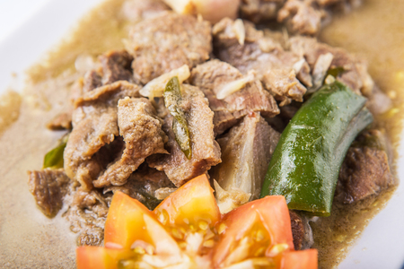 Malaysian dish of beef korma on white plateの写真素材