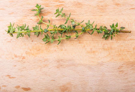Thyme herbs leaves over wooden surfaceの写真素材