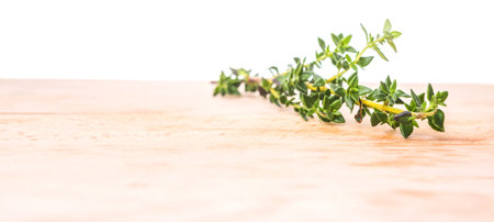 Thyme herbs leaves over wooden surfaceの写真素材