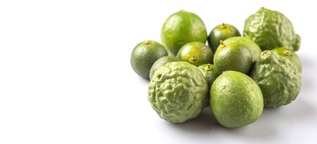 Lime makrut or kaffir lime and calamansi over white backgroundの写真素材