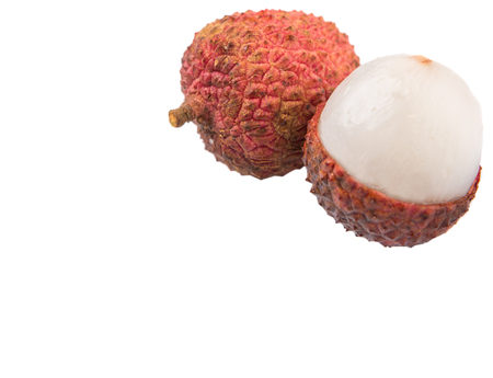 Ripe lychee fruits over white backgroundの写真素材