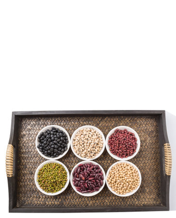 Black eye peas mung bean adzuki beans soy beans black beans and red kidney beans in white bowl on...