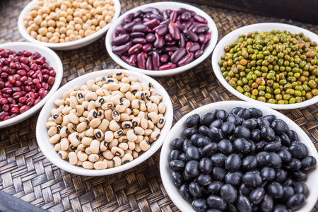 Black eye peas mung bean adzuki beans soy beans black beans and red kidney beans in white bowl on...